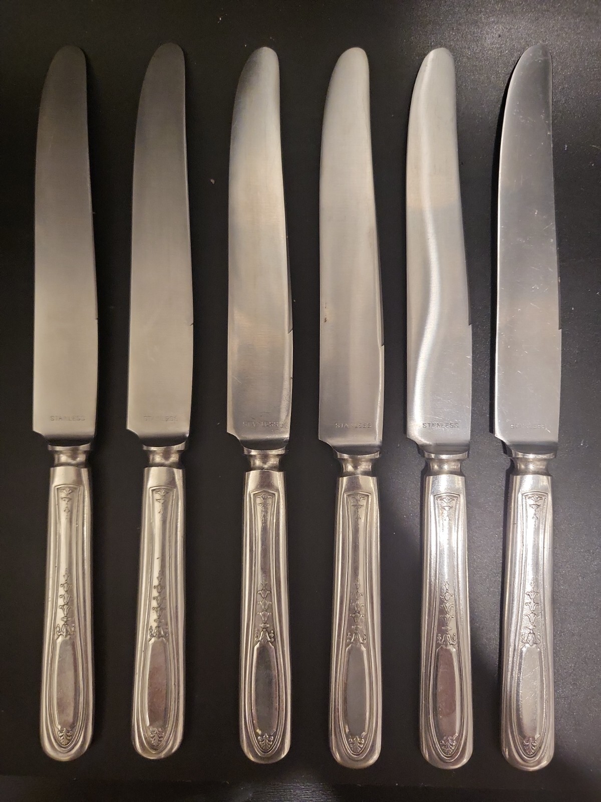 Set of 6 Oneida Community Tudor Plate 1929 Enchantment Bounty Dinner Knives, Vintage Stainless Steel Cutlery