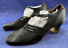 Vintage Lady Belle Shoe Art Deco Black Silk Cutout Button Strap Mary Jane Shoes