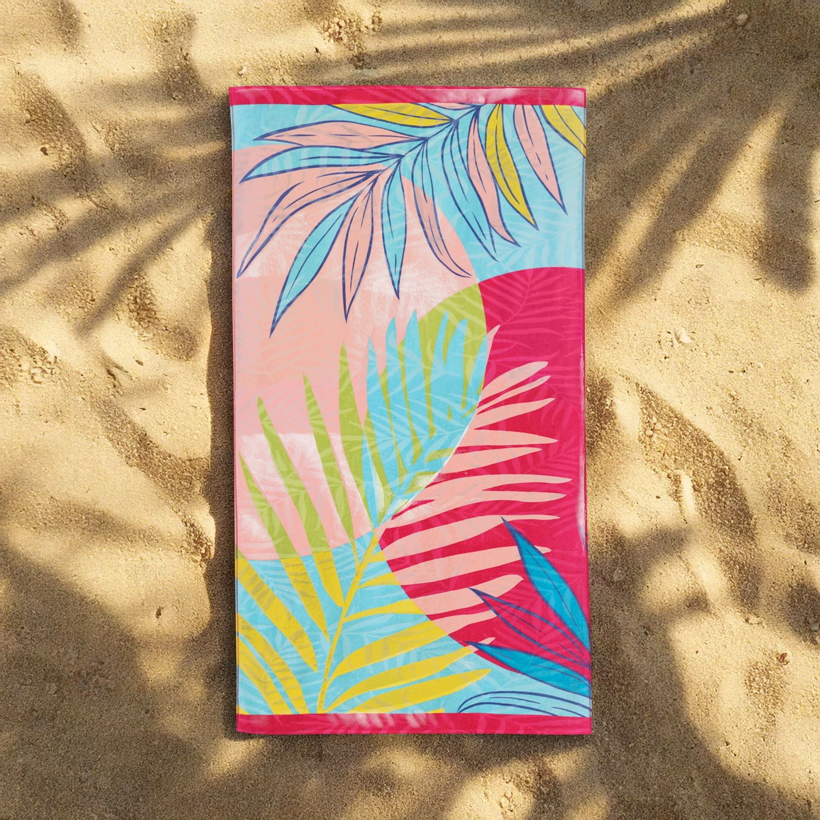 Oversized Printed Palm Coral 100% Cotton Velour Beach Towel,