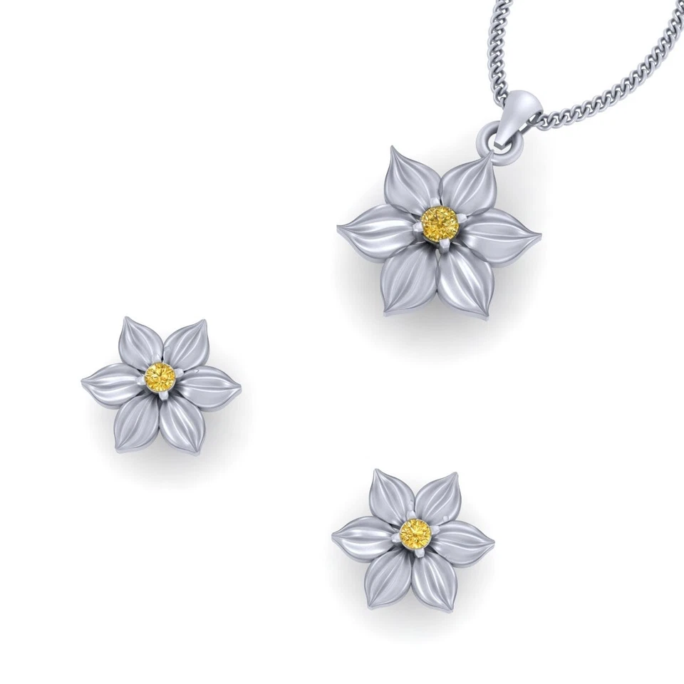 Giallo Citrino Fiore Ciondolo Orecchini Set a 925 Argento Sterling - Immagine 2 di 4