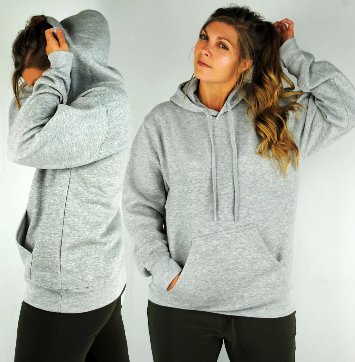 LADIES OVERSIZE HOODIE HOODY HOODED SWEATSHIRT JUMPER KANGAROO POCKET GREY  S XXL