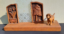 Ancien CADRE PORTE-PHOTO bois SCULPTE  ART POPULAIRE Décor NAIF chien, arbre...