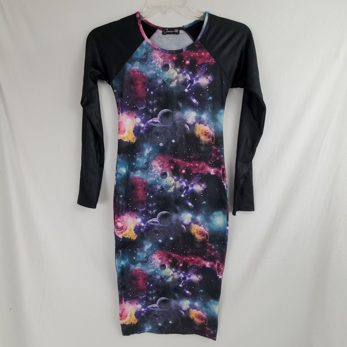 galaxy print bodycon dress UV Glow Galaxy Print Bodycon Dress with Cap Sleeves & Scoop Neckline