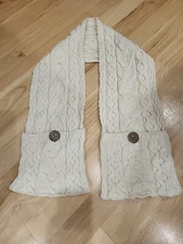 Aran Woollen Cable Knit Scarf Merino Wool Pouch Pocket Irish Knit Ivory Button