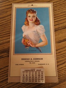 Vintage 1947 Yearly Paper Calendar Harold A. Johnson Claremont NH Beautiful Girl