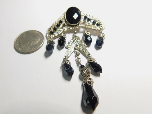 Broche Colgante Lágrima Metal Texturizado Cuentas Negras Tono Plateado Vintage - Imagen 3 de 4