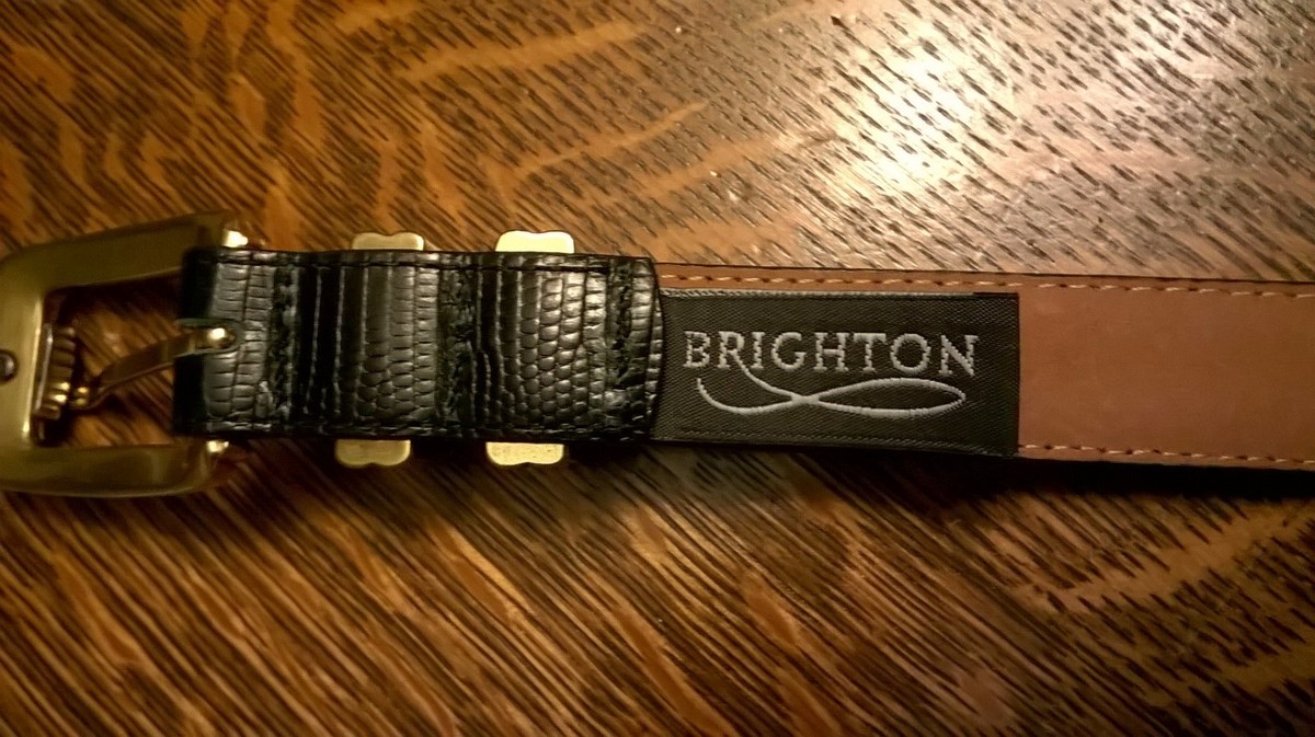 Ceinture Brighton - Boucle Gardien Imprimé Lézard, Cuir Noir, Laiton Argenté - Taille M/30