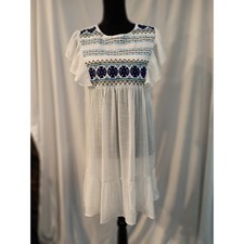 Blu Pepper White Embroidered Babydoll Dress Flutter Sleeve Tiered Boho Large