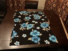 Blue Hibiscus On Black Rayon Dress, Short Short Sleeve, 39  Long, 44  Bust, Nice