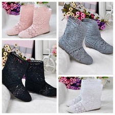 Womens Mesh Bohemian Summer Flat Cut Out Shoes Knitted Crochet Calf Short Boots
