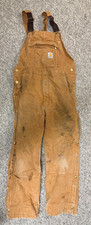 MENS USED CARHARTT BROWN CANVAS DOUBLE KNEE DISTRESSED OVERALLS BIBS SIZE MEDIUM