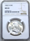1962-D Franklin Half Dollar NGC MS64 90% FBL Frosty Just Graded New Holder S255H