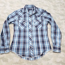 Wrangler Shirt Mens Small Blue Pockets Pearl Snap Long Sleeve Plaid Cowboy Rodeo