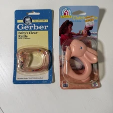 NIP Vintage 1990s Baby Rattles - Gerber & Nursery Needs - Toys Bunny Rabbit Pink