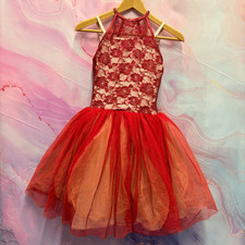 R280 Curtain Call Costume Ballet Dance Recital Red Cream Floral Lace Long TuTu
