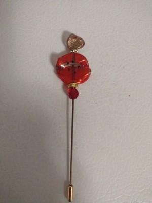 Vintage Red & Gold Fleck Lamp Work Art Glass Corsage Hat Scarf Stick Pin 