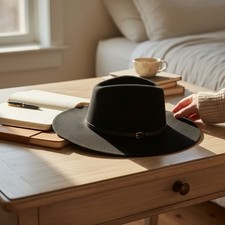 Zara Black Wide Brim Fedora Hat Wool Felt Pinched Crown Buckle Band Size M 58cm