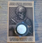 1/10 Troy Oz .999 Fine Silver Round Skull Soldier Design in Capsule, Card