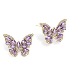 Purple Butterfly Rhinestone Stud Earrings for Women, Trendy Statement CZ Crystal