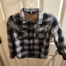Eddie Bauer Kids Youth Fleece Shirt Jacket Shacket Black Gray Checkered Button 8