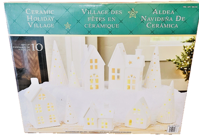 Ceramic Holiday Village 10 Piece Lighted Set White Christmas