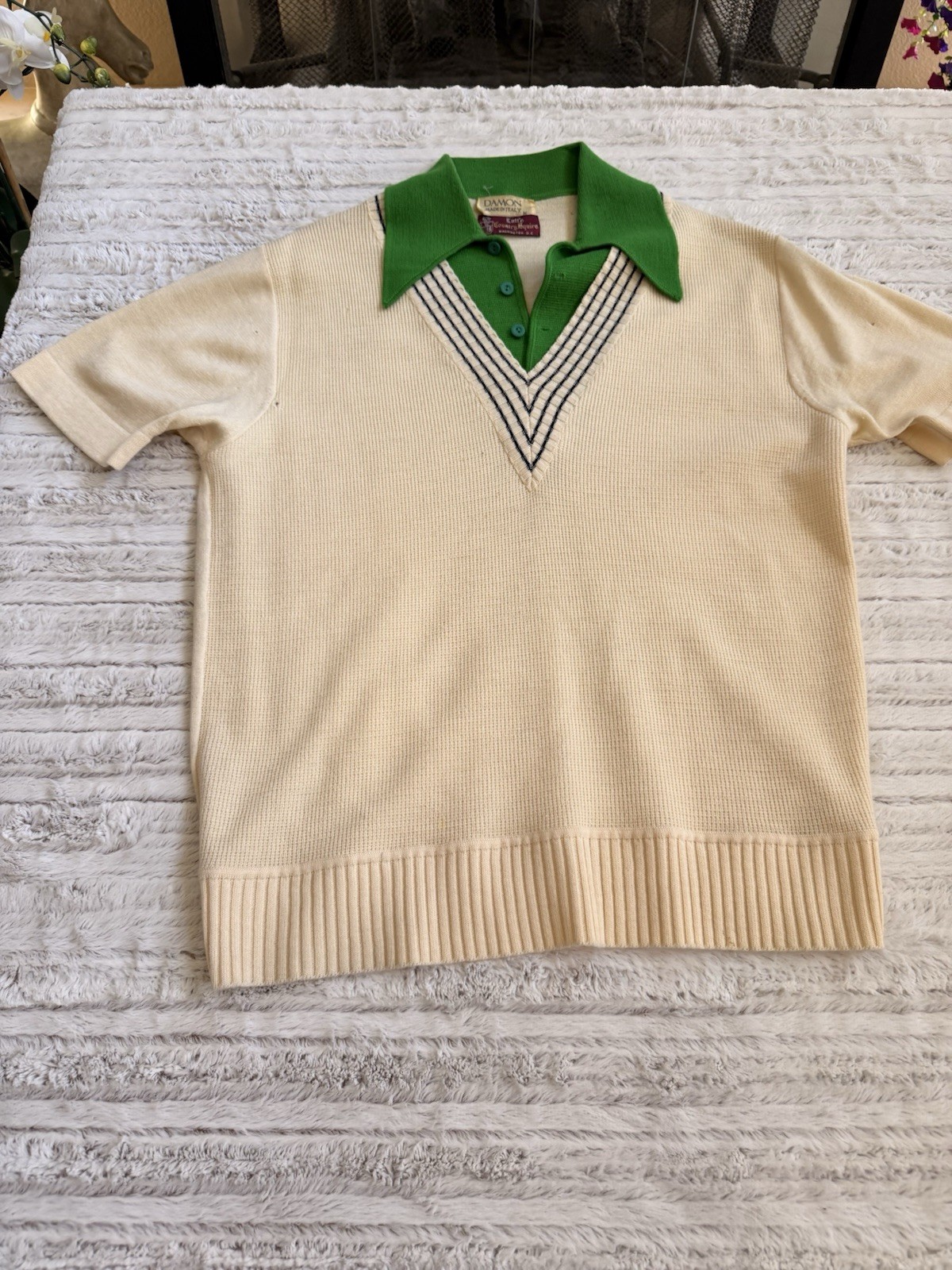 Vintage Damon Italy Knit Golf Sweater Polo Mens M Cream Green Short Sleeve Retro