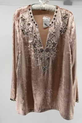 Soft Surroundings Velvet Tunic Top 1X Pink Beaded Embroidered Boho Luxe NWT