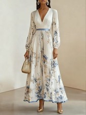 White Pleated Floral Chiffon V Neck Long Sleeve Balloon Sleeve A-Line Maxi Dres