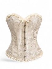 Ivory Jacquard Overbust Corset Lace-Up with Ruffle Bow Accents Victorian Floral