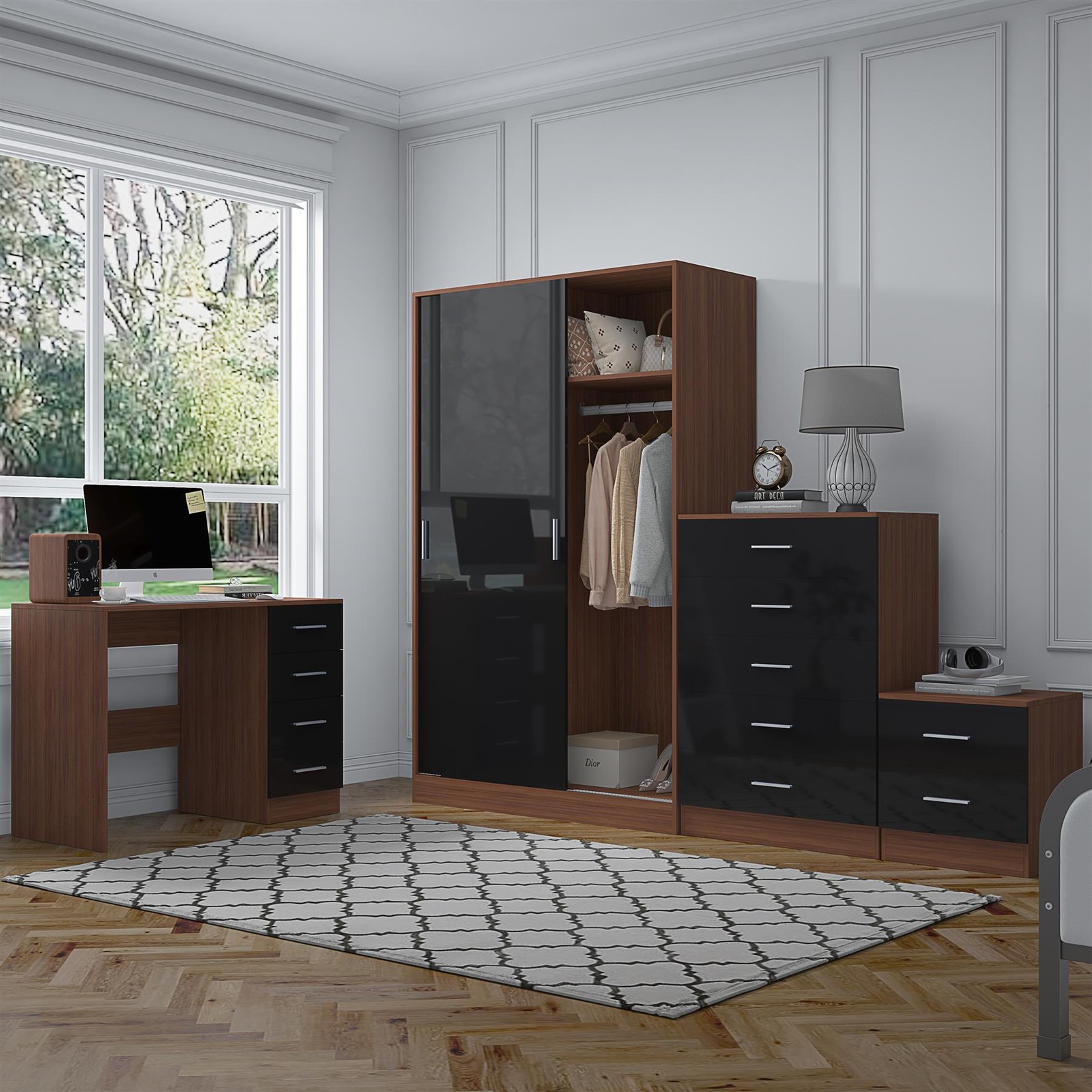 REFLECT Sliding Wardobe + Tall Chest of Drawers + Bedside + Desk - Black/Walnut
