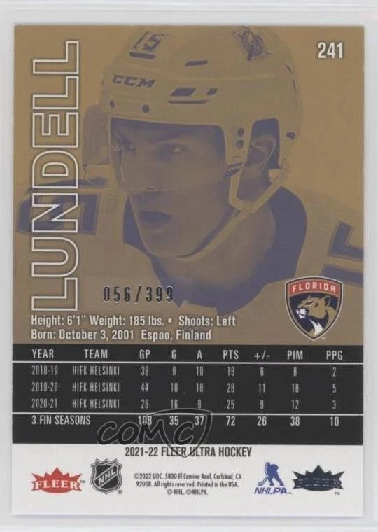 2021 Upper Deck Fleer Ultra Rookies Blue Foil /399 Anton Lundell #241 Rookie RC - Image 2 of 2