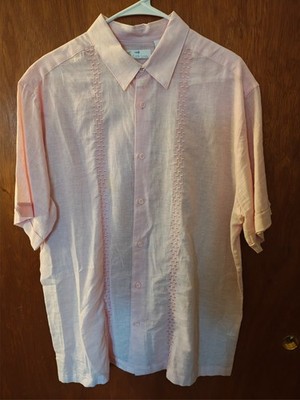 Cafe Luna Pink Cuban Embroidered Guayabera Style Short Sleeve Shirt Men s Large