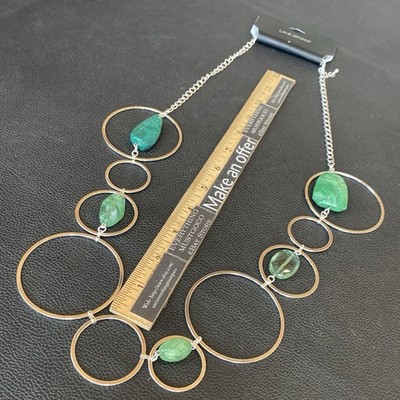 Long Lane Bryant Necklace SilverTone Link Geometric Modern Green Mint Faux Beads