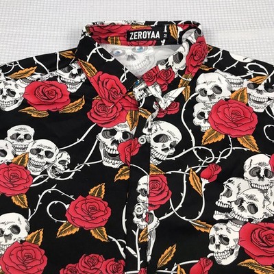 ZEROYAA Men M Long Sleeve Skull & Floral Roses AOP Button Shirt ￼ Stretch￼