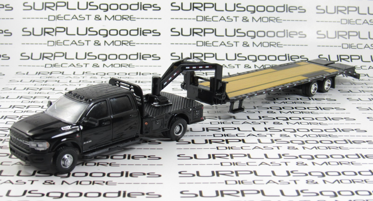 GREENLIGHT ゴースネックトレーラー & ラム3500デュアリーフラット Greenlight 1:64 Black 2023 DODGE RAM 3500 Dually Flatbed w