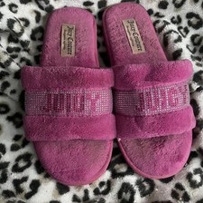 Juicy Couture Women's Pink Faux Fur Slide Slippers Rhinestone Logo