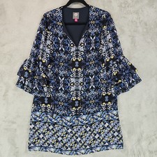 Vince Camuto Shift Dress Womens 6 Black Floral Chiffon Ruffled Sleeve Tasseled