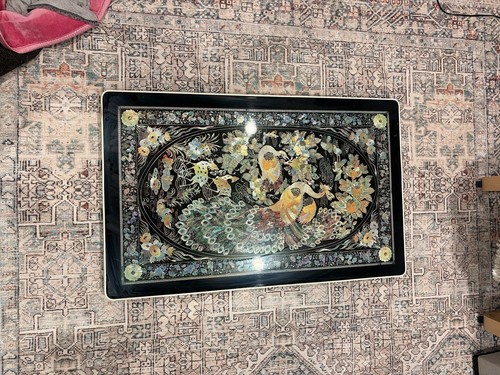 Vintage Korean Chinoiserie Mother Of Pearl Inlay, Peacock Low Folding Tea Table