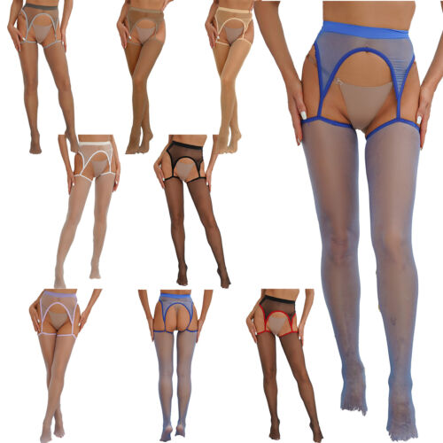 Womens Stretchy See Thorough Sheer Suspender Pantyhose Stocking with Garter Belt - Afbeelding 1 van 63