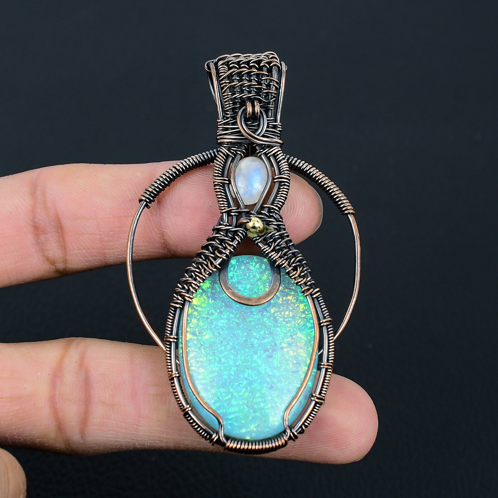 Australian Triplet Opal & Moonstone Gemstone Handmade Copper Wire Wrap  Pendant