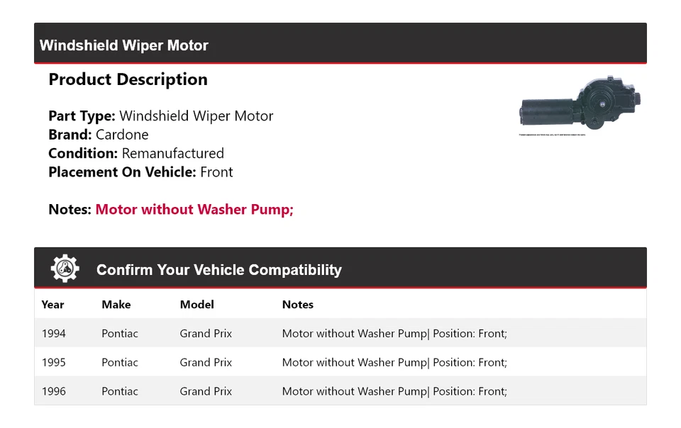 For 1994-1996 Pontiac Grand Prix Windshield Wiper Motor Front Cardone 1995 - Image 2 of 4