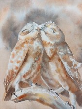 Aquarell Bild. Vogel. Vögel. Eulen Pärchen. Liebe. Größe ca 19x25cm.