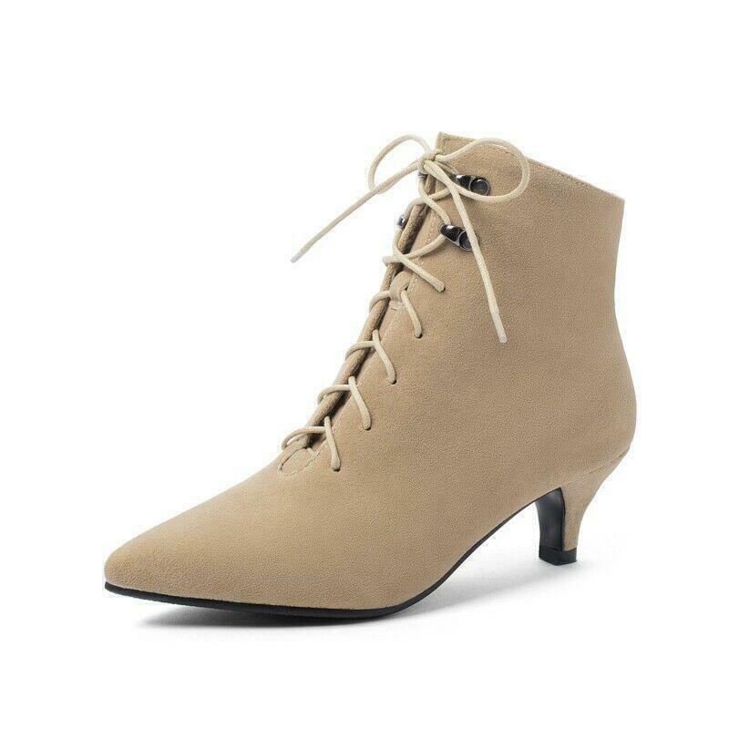 【直営・関税送料込】Liisa Kitten heel pu Ladies Kitten Heel Pointed Toe Lace Up British Ankle Boots