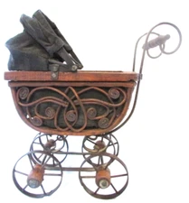 Victorian Style Doll Pram Black Doll Buggy Carriage Stroller Wood Wicker Nursery