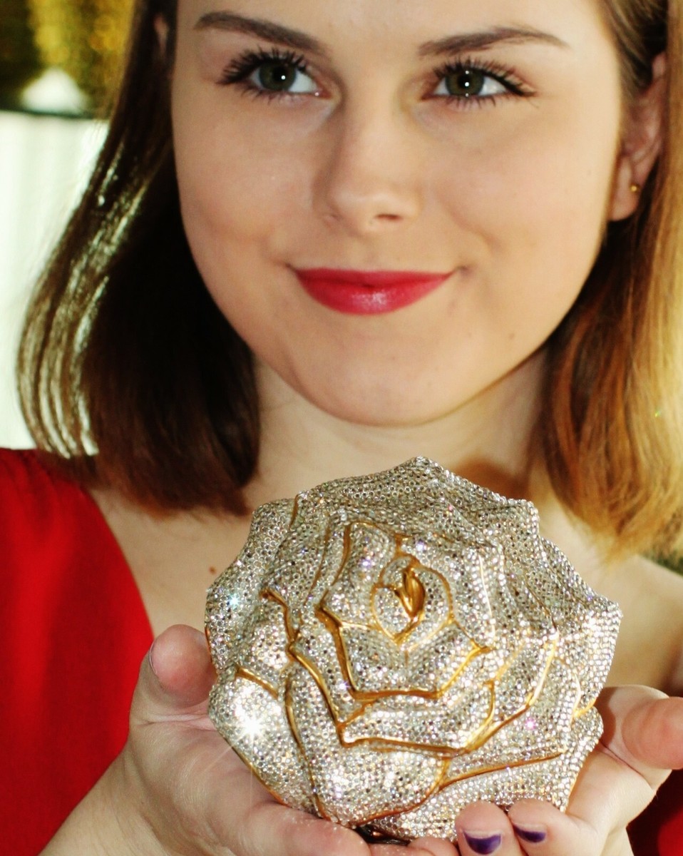 JUDITH LEIBER SWAROVSKI CRYSTAL WEDDING BRIDAL WHITE ROSE BAG