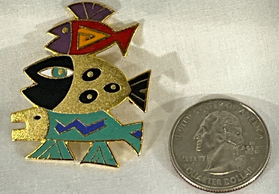 Broche prendedor Fish Story vintage Laurel Burch esmalte rojo verde azulado chapado en oro Foto 2 de 4