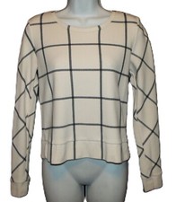 ANN TAYLOR LOFT ivory black windowpane plaid top cotton jersey knit sweater XS
