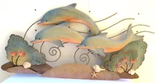 Dolphins and Sea Life Metal and Wood Wall Sculpture - Large 45" X 23" - Dolphins