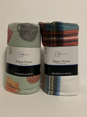 2 Mainstays Fleece Throw Blanket 50x60in Plaid & Coffee Cups