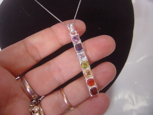 Beautiful Solid Silver 17" chain & superb genuine mixed gem stones long Pendant- - Bild 2 von 13